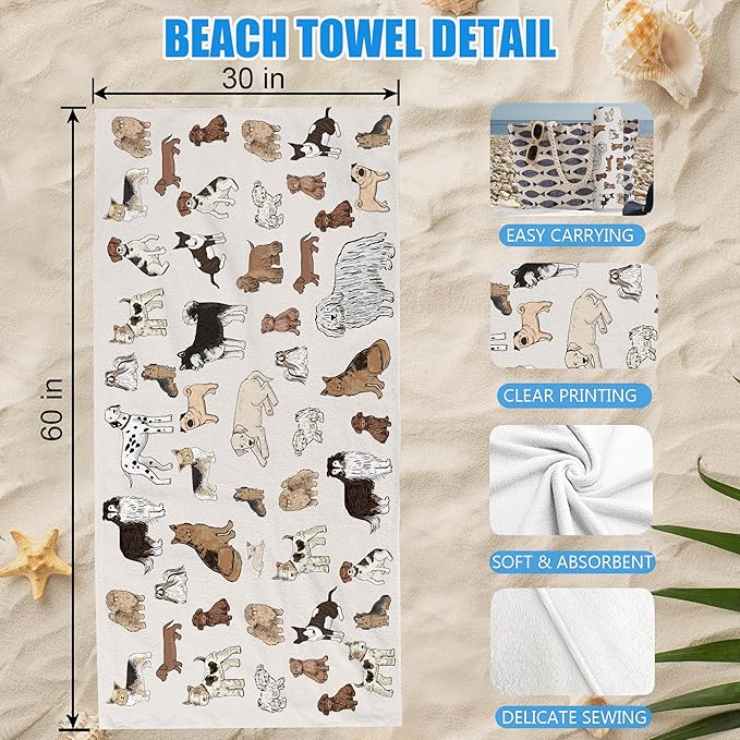 Boho Dog Beach Towel, Dog Lover Gifts, Dogs Sand Beach Towels Gifts for Women, Cute Dogs Quick Dry Bath Pool Towels for Farmhouse Bathroom Swimming Pool, 30x60 Inch