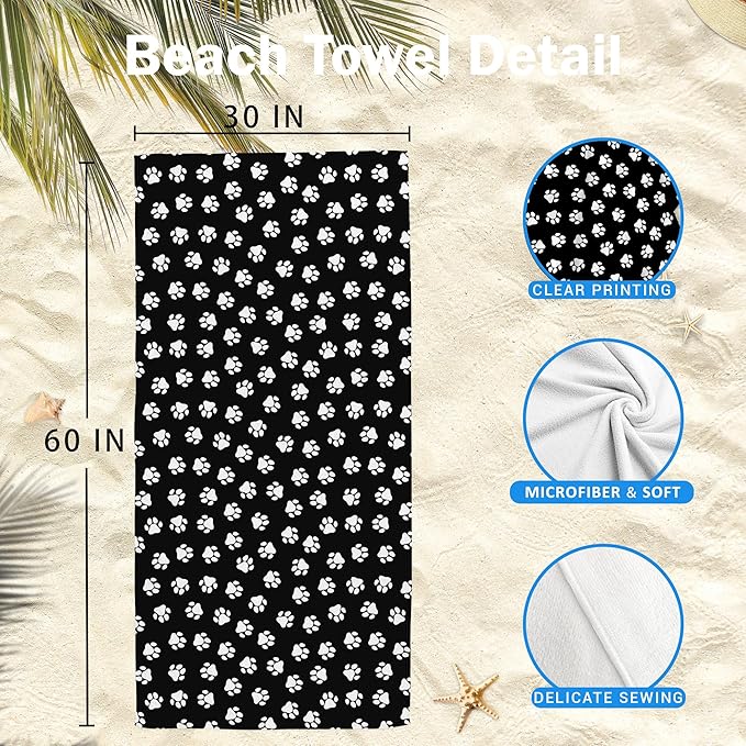 Black Paws Dog Pet Beach Towel Gifts for Women Dog Lovers Owner, Funny Cute Quick Dry Travel Sand Free Beach Towels Oversized Decor for Bathroom Swimming Pool 30x60in