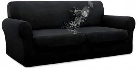 Easy-Going 100% Dual Waterproof 3 Pieces Oversized Loveseat Cover Stretch Soft Couch Cover for Dogs, Sofa Slipcover for 2 Separate Cushion Couch Leakproof Furniture Protector for Kids, Pets Black