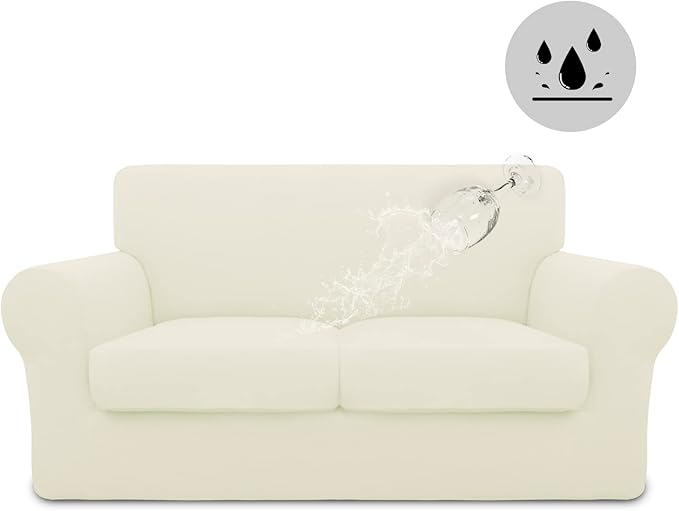 Easy-Going 100% Dual Waterproof 3 Pieces Loveseat Cover Stretch Soft Couch Cover for Dogs, Sofa Slipcover for 2 Separate Cushion Couch Leakproof Furniture Protector for Kids, Pets Ivory