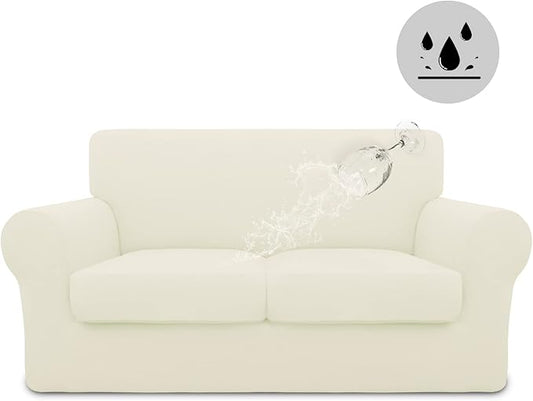 Easy-Going 100% Dual Waterproof 3 Pieces Loveseat Cover Stretch Soft Couch Cover for Dogs, Sofa Slipcover for 2 Separate Cushion Couch Leakproof Furniture Protector for Kids, Pets Ivory