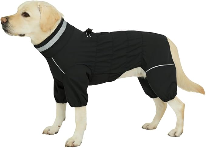 Winter Waterproof Dog Snowsuit – Full Body Outdoor Jacket with Leash Ring, Fleece Lining, Windproof Reflective 4-Leg Dog Coat for Small to Large Dogs Black XXL
