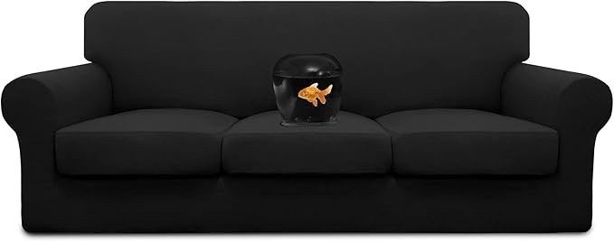 Easy-Going 100% Dual Waterproof 4 Pieces Stretch Soft Couch Cover for Dogs, Sofa Slipcover for 3 Separate Cushion Couch Leakproof Furniture Protector for Kids, Pets Black