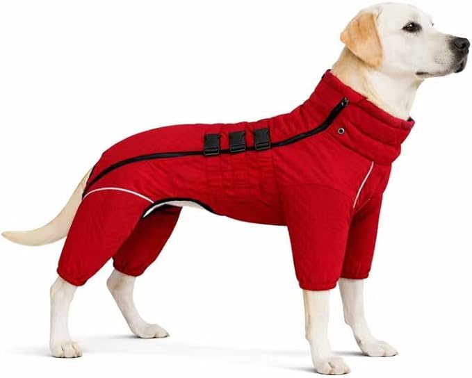 Warm Dog Coat Double Layers Dog Vest, 4 Legs Covered Windproof Waterproof Reflective, Red XXL