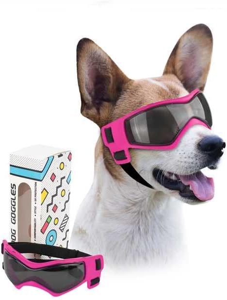 PETLESO Dog Goggles Small Breed, UV Protection Dog Sunglasses Windproof Anti-Fog Doggy Glasses for Small to Medium Breed Outdoor Riding Driving Motorcycle, Medium Pink
