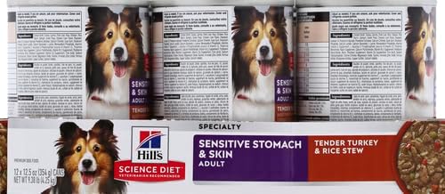 Hill's Science Diet Adult 1-6 Sensitive Stomach & Skin Wet Dog Food, Turkey & Rice Stew, 12.5 oz. Cans, 12-Pack