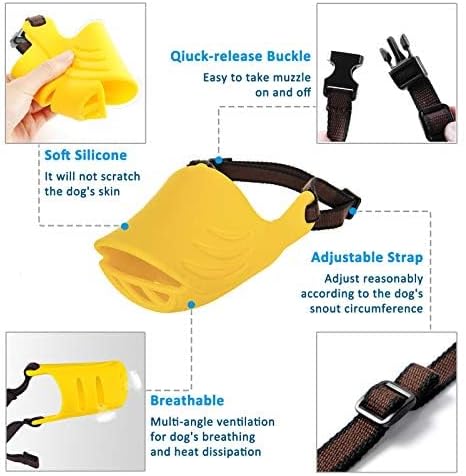 LUCKYPAW Dog Muzzle, Soft Duck Silicone Mouth Cover with Adjustable Strap for Small Medium Dogs, Best to Prevent Barking, Biting, and Chewing(Yellow,S)