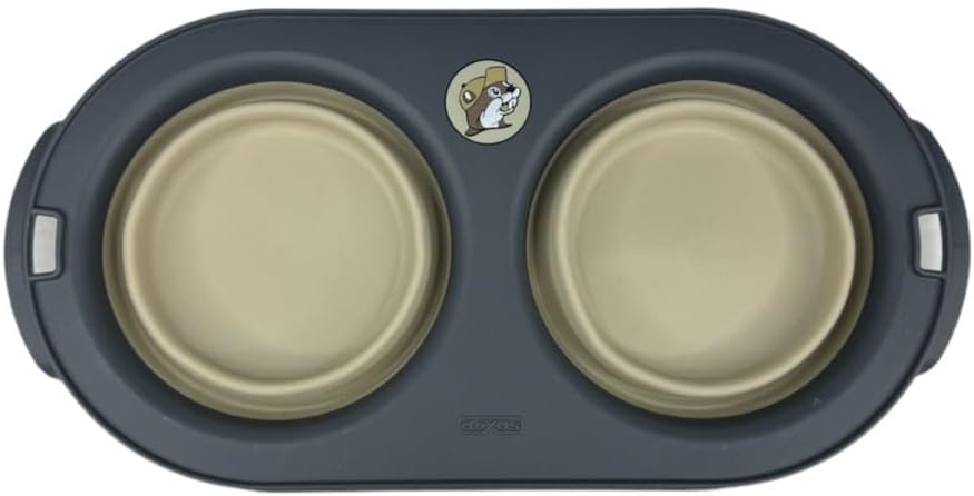 Buc-ee's Pet Essentials Collapsible Pet Bowl - Double Food & Water Bowl (Medium), Grey