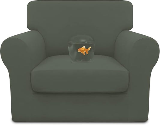 Easy-Going 100% Dual Waterproof 2 Pieces Chair Cover Stretch Soft Couch Cover for Dogs, Sofa Slipcover for 1 Separate Cushion Couch Leakproof Furniture Protector for Kids, Pets Grayish Green