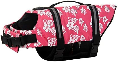ChezAbbey Dog Life Jacket Adjustable Dog Lifevest Swimsuit Safety Vest Apparel Lifesaver Coat for Small Large Cats Puppy Kitty with Handle Reflective for Swimming and Boating Pink Flower 2XL