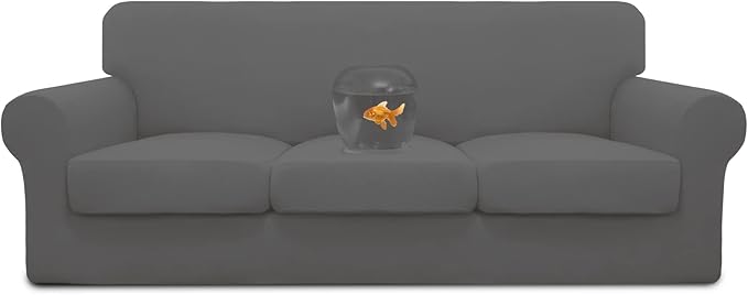 Easy-Going 100% Dual Waterproof 4 Pieces Stretch Soft Couch Cover for Dogs, Sofa Slipcover for 3 Separate Cushion Couch Leakproof Furniture Protector for Kids, Pets Gray