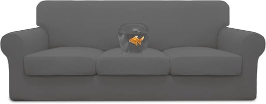 Easy-Going 100% Dual Waterproof 4 Pieces Stretch Soft Couch Cover for Dogs, Sofa Slipcover for 3 Separate Cushion Couch Leakproof Furniture Protector for Kids, Pets Gray