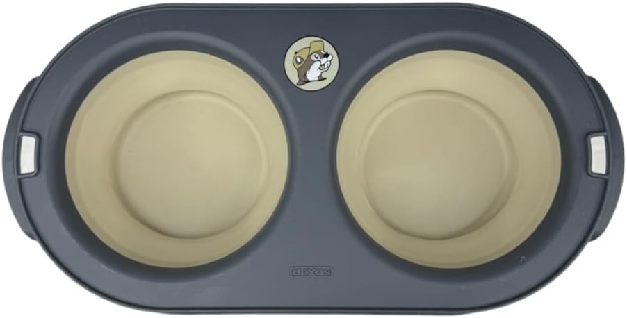 Buc-ee's Pet Essentials Collapsible Pet Bowl - Double Food & Water Bowl (Medium), Grey