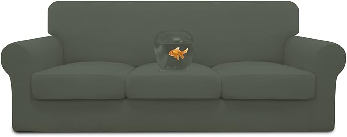 Easy-Going 100% Dual Waterproof 4 Pieces Stretch Soft Couch Cover for Dogs, Sofa Slipcover for 3 Separate Cushion Couch Leakproof Furniture Protector for Kids, Pets Grayish Green