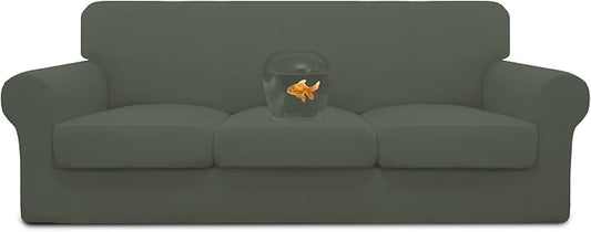 Easy-Going 100% Dual Waterproof 4 Pieces Stretch Soft Couch Cover for Dogs, Sofa Slipcover for 3 Separate Cushion Couch Leakproof Furniture Protector for Kids, Pets Grayish Green