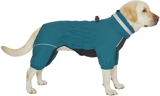 Winter Waterproof Dog Snowsuit – Full Body Outdoor Jacket with Leash Ring, Fleece Lining, Windproof Reflective 4-Leg Dog Coat for Small to Large Dogs Teal Blue XXL
