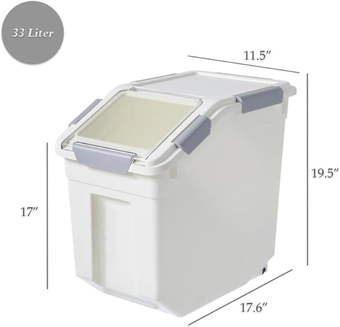 HANAMYA 32.5 Liter / 35 lbs Pet Food Storage Container with Measuring Cup, BPA free, For Dog Food | Cat Food | Rice | Grain | Flour, White & Gray, 1 count
