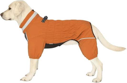 Winter Waterproof Dog Snowsuit – Full Body Outdoor Jacket with Leash Ring, Fleece Lining, Windproof Reflective 4-Leg Dog Coat for Small to Large Dogs Mustard Yellow XXL