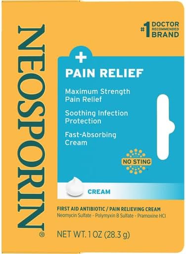 Neosporin + Maximum-Strength Pain Relief Dual Action Cream, First Aid Topical Antibiotic & Analgesic Cream for Soothing Infection Protection & Wound Care of Minor Cuts, Scrapes & Burns, .5 oz, 2 Pack
