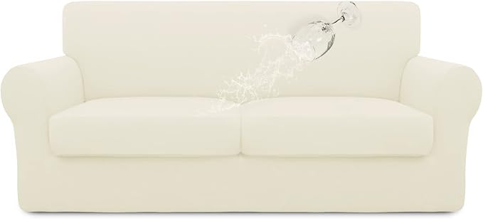 Easy-Going 100% Dual Waterproof 3 Pieces Oversized Loveseat Cover Stretch Soft Couch Cover for Dogs, Sofa Slipcover for 2 Separate Cushion Couch Leakproof Furniture Protector for Kids, Pets Ivory