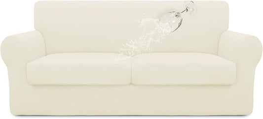 Easy-Going 100% Dual Waterproof 3 Pieces Oversized Loveseat Cover Stretch Soft Couch Cover for Dogs, Sofa Slipcover for 2 Separate Cushion Couch Leakproof Furniture Protector for Kids, Pets Ivory