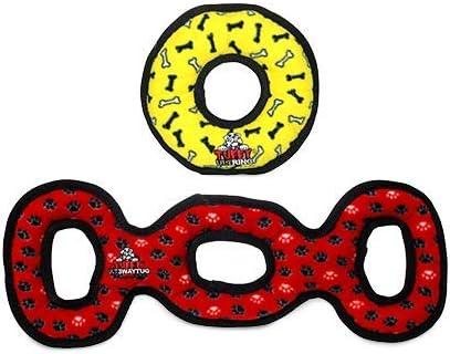TUFFY - World's Tuffest Soft Dog Toy -Ultimate Ring Yellow & 3 Way Tug Red-Combo Pack-Squeakers-Made Durable, Strong & Tough.Interactive Play(Tug, Toss & Fetch).Machine Washable & Floats