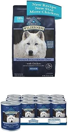 Bundle of Blue Buffalo Wilderness High Protein Natural Senior Dry Dog Food Plus Wholesome Grains, Chicken 28 lb Bag + Wet Dog Food, Turkey & Chicken Grill 12.5-oz cans (Pack of 12)