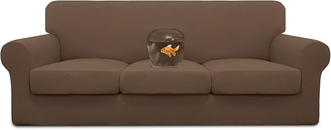 Easy-Going 100% Dual Waterproof 4 Pieces Stretch Soft Couch Cover for Dogs, Sofa Slipcover for 3 Separate Cushion Couch Leakproof Furniture Protector for Kids, Pets Brown