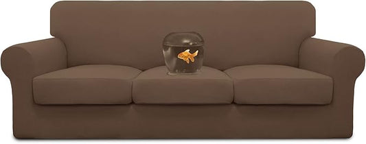 Easy-Going 100% Dual Waterproof 4 Pieces Stretch Soft Couch Cover for Dogs, Sofa Slipcover for 3 Separate Cushion Couch Leakproof Furniture Protector for Kids, Pets Brown