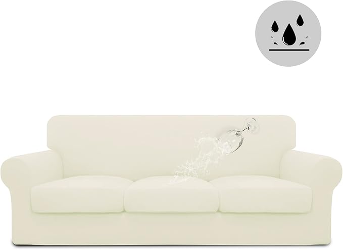 Easy-Going 100% Dual Waterproof 4 Pieces Oversized Cover Stretch Soft Couch Cover for Dogs, Sofa Slipcover for 3 Separate Cushion Couch Leakproof Furniture Protector for Kids, Pets Ivory