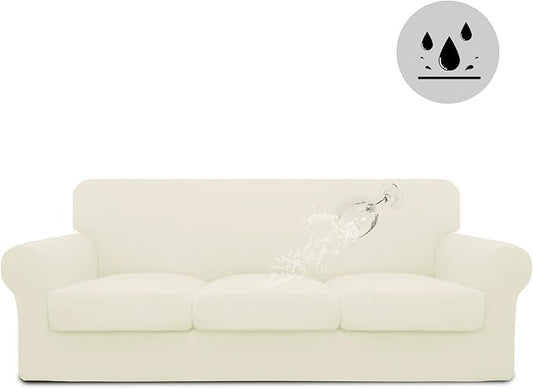 Easy-Going 100% Dual Waterproof 4 Pieces Oversized Cover Stretch Soft Couch Cover for Dogs, Sofa Slipcover for 3 Separate Cushion Couch Leakproof Furniture Protector for Kids, Pets Ivory