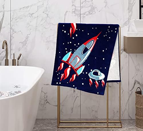 YIFONTIN Kids Beach Towel Velour Terry Blanket Throw 100% Cotton 24X48 inches for Swimming Bath Travel Sports Holiday Camping and Picnic, Navy Spaceship Rocket.