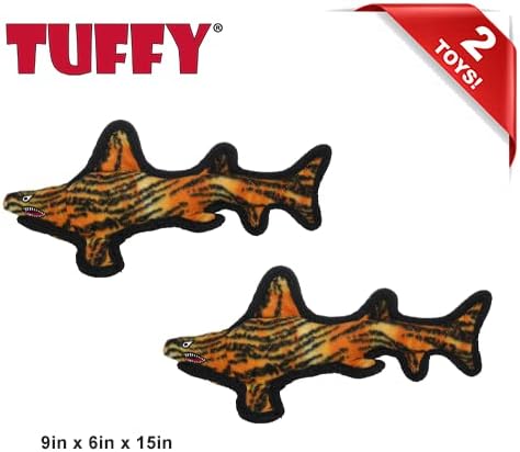 TUFFY - World's Tuffest Soft Dog Toy - Ocean- Squeakers - Multiple Layers. Made Durable, Strong & Tough. Interactive Play (Tug, Toss & Fetch). Machine Washable & Floats. (Tiger Shark, Large 2 Pack)
