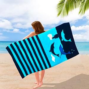 YIFONTIN 2 Pieces Beach Towels Velvet Terry Blanket Throw Soft Water Absorption Extra Large XL 34x63 inches 100% Cotton for Bath Swimming Travel Camping and Picnic, Dolphin Vessel.
