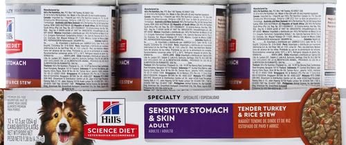 Hill's Science Diet Adult 1-6 Sensitive Stomach & Skin Wet Dog Food, Turkey & Rice Stew, 12.5 oz. Cans, 12-Pack