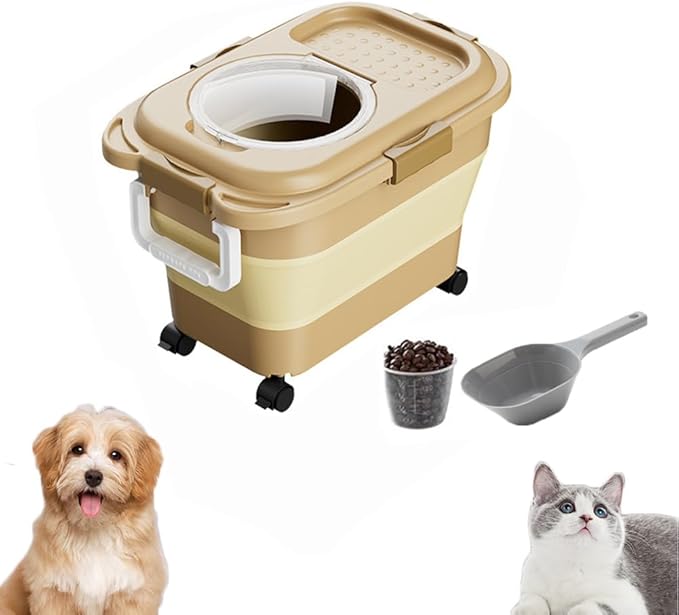 Airtight Dog Food Storage Container, Collapsible Pet Food Container with Casters, Scoop and Cup - Keeps Up to 20 Lbs and Large Capacity