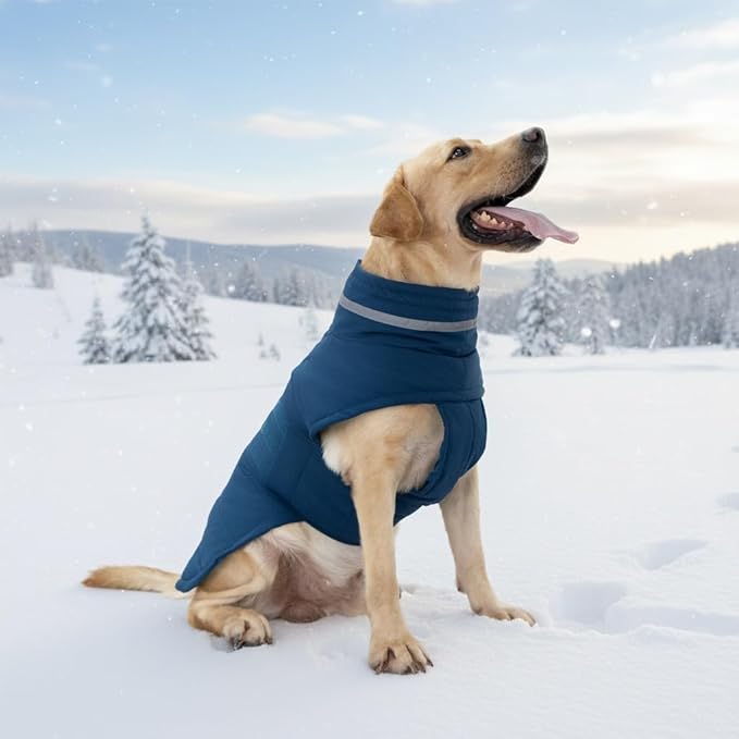Mklhgty Waterproof Dog Coat for Large Dogs, Warm Dog Winter Jacket, Reflective Windproof Turtleneck Coats with Adjustable Hook & Loop - Blue - XL