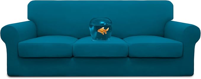 Easy-Going 100% Dual Waterproof 4 Pieces Stretch Soft Couch Cover for Dogs, Sofa Slipcover for 3 Separate Cushion Couch Leakproof Furniture Protector for Kids, Pets Peacock Blue