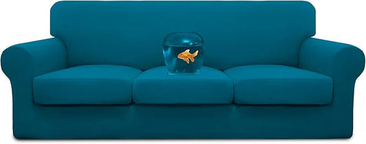 Easy-Going 100% Dual Waterproof 4 Pieces Stretch Soft Couch Cover for Dogs, Sofa Slipcover for 3 Separate Cushion Couch Leakproof Furniture Protector for Kids, Pets Peacock Blue