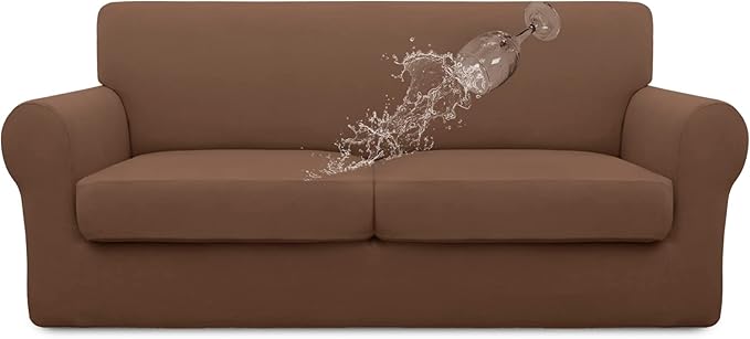 Easy-Going 100% Dual Waterproof 3 Pieces Oversized Loveseat Cover Stretch Soft Couch Cover for Dogs, Sofa Slipcover for 2 Separate Cushion Couch Leakproof Furniture Protector for Kids, Pets Brown
