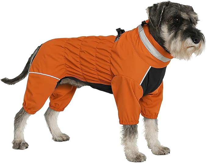 Winter Waterproof Dog Snowsuit – Full Body Outdoor Jacket with Leash Ring, Fleece Lining, Windproof Reflective 4-Leg Dog Coat for Small to Large Dogs Mustard Yellow S
