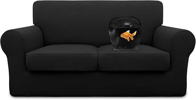 Easy-Going 100% Dual Waterproof 3 Pieces Loveseat Cover Stretch Soft Couch Cover for Dogs, Sofa Slipcover for 2 Separate Cushion Couch Leakproof Furniture Protector for Kids, Pets Black