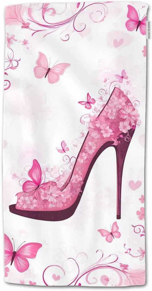HGOD DESIGNS Pink Flower Hand Towels,Butterflies Sexy High Heel Pink Flower 100% Cotton Soft Bath for Bathroom Kitchen Hotel Spa 15"X30"