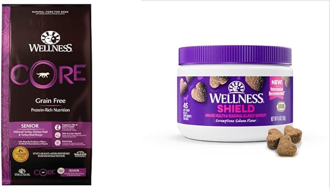Wellness CORE Senior Dog Food + Supplements Bundle: Grain Free Dry Dog Food, Senior, 24-Pound Bag Salmon Flavored Soft Chew Immune & Allergy Supplements for Dogs, 45 Count