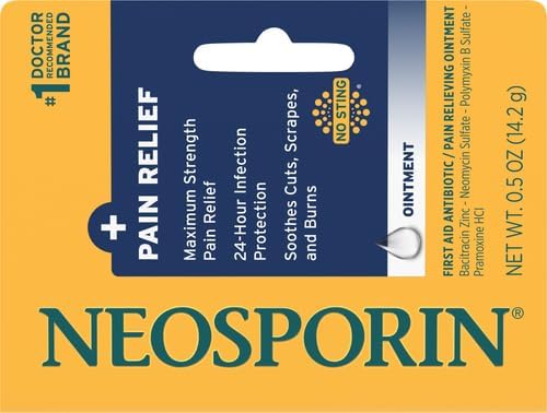 Neosporin + Maximum-Strength Pain Relief Dual Action Ointment, First Aid Topical Antibiotic & Analgesic Ointment for 24-Hour Infection Protection with Bacitracin Zinc & Pramoxine HCl,.5 oz (Pack of 2)