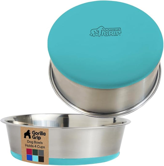 GORILLA GRIP Dog Bowls, Heavy Duty 304 Stainless Steel Holds 4 Cups Each (32 fl oz) Food and Water Bowl for Feeding Dogs and Cats Dishwasher Safe Rust Resistant BPA Free Rubber Base Set of 2 Turquoise