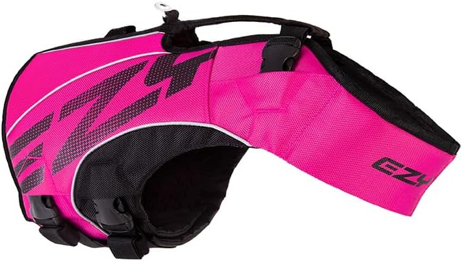 EzyDog DFD X2 Dog Life Jacket - Adjustable Swimming Safety Life Vest Preserver with Continuous Neck Flotation, Reflective Trim, & Grab Handle (3XS, Pink)
