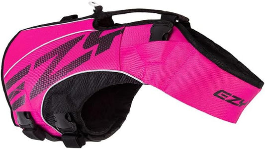 EzyDog DFD X2 Dog Life Jacket - Adjustable Swimming Safety Life Vest Preserver with Continuous Neck Flotation, Reflective Trim, & Grab Handle (4XS, Pink)