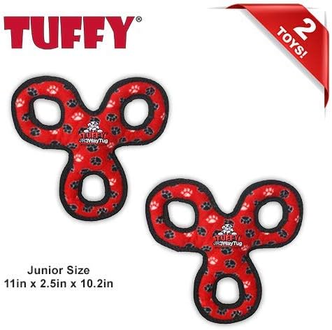 TUFFY - World's Tuffest Soft Dog Toy - Junior 3 Way Tug - Squeakers - Multiple Layers. Made Durable, Strong & Tough. Interactive Play (Tug,Toss & Fetch). Machine Washable & Floats (Red 2 Pack)