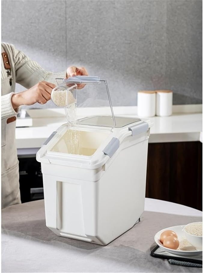 HANAMYA 32.5 Liter / 35 lbs Pet Food Storage Container with Measuring Cup, BPA free, For Dog Food | Cat Food | Rice | Grain | Flour, White & Gray, 1 count